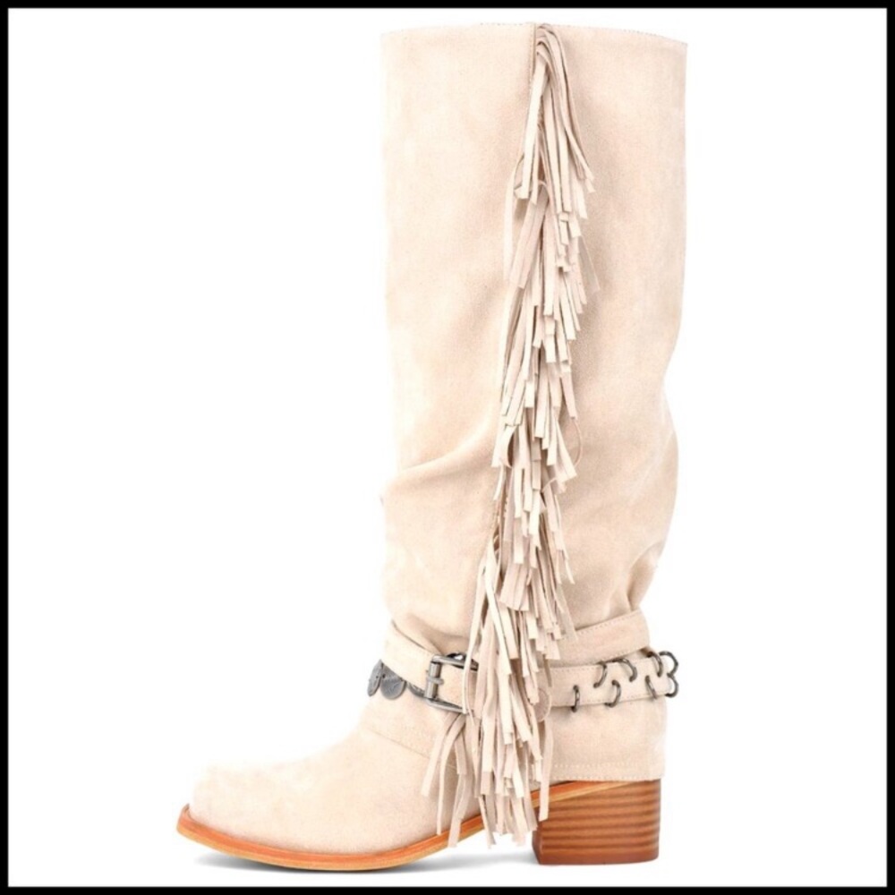 Knee High Riding Boots Fringe Tassels Chunky Heel Square Toe Boho Chic